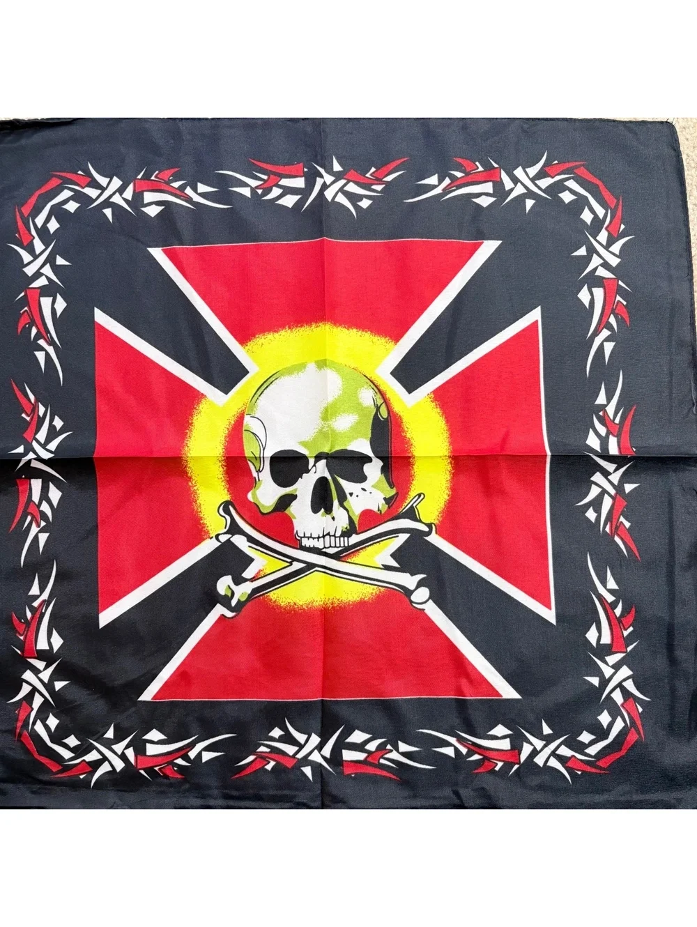 Square Skull and Crossbones Scarf in Red, Black, and Yellow – New Without Tags